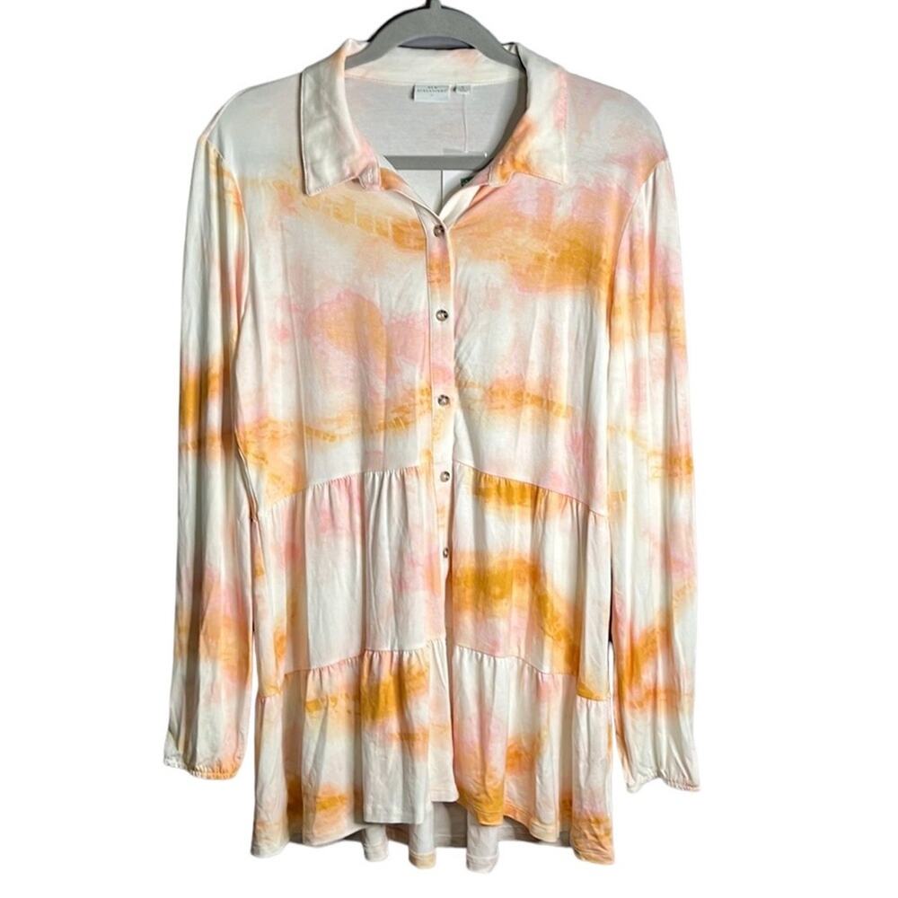 New Directions Yellow Pink Dip Dye Buttoned Tiered Top Large